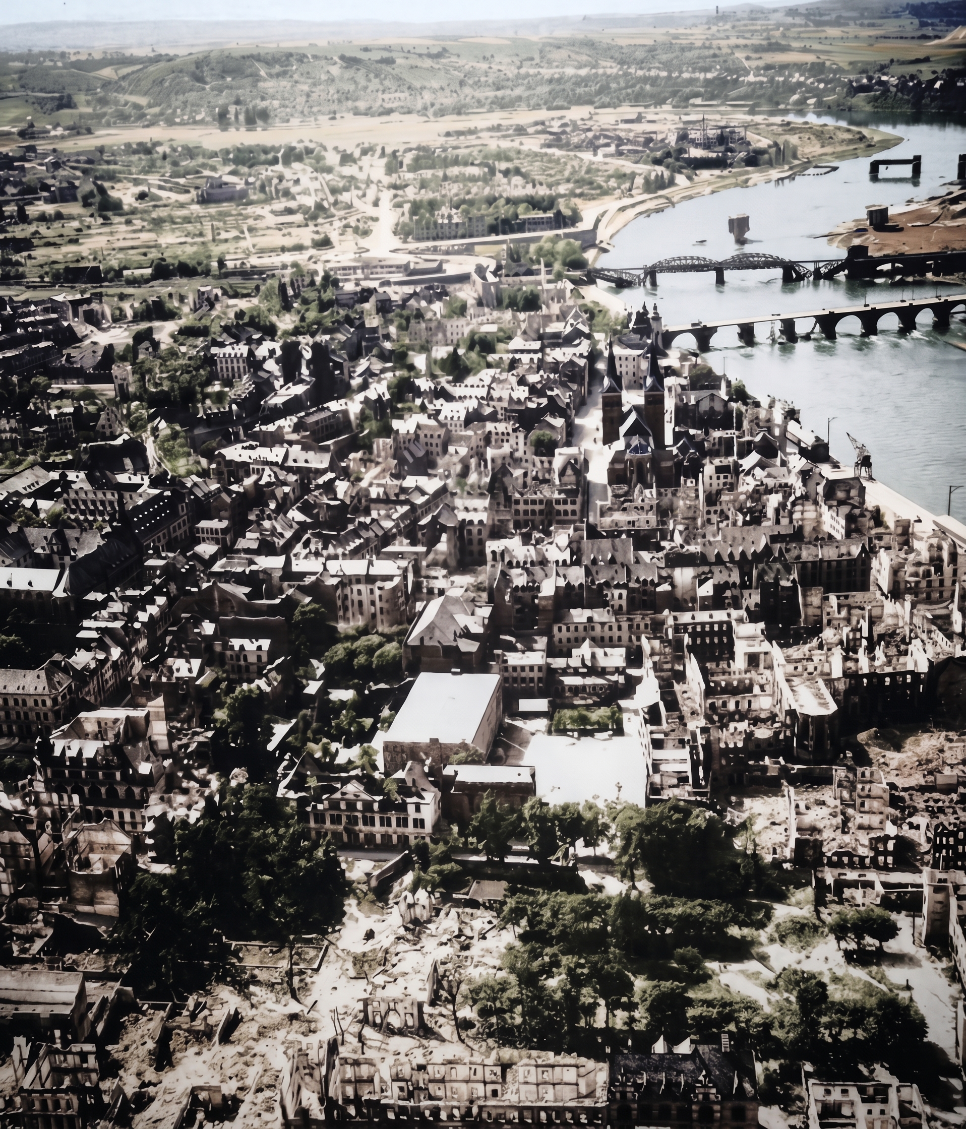 Die zerstörte Altstadt. Luftbild der US Air Force. KI-koloriert mit Google Gemini. Original: National Archives at College Park, Maryland (gemeinfrei).