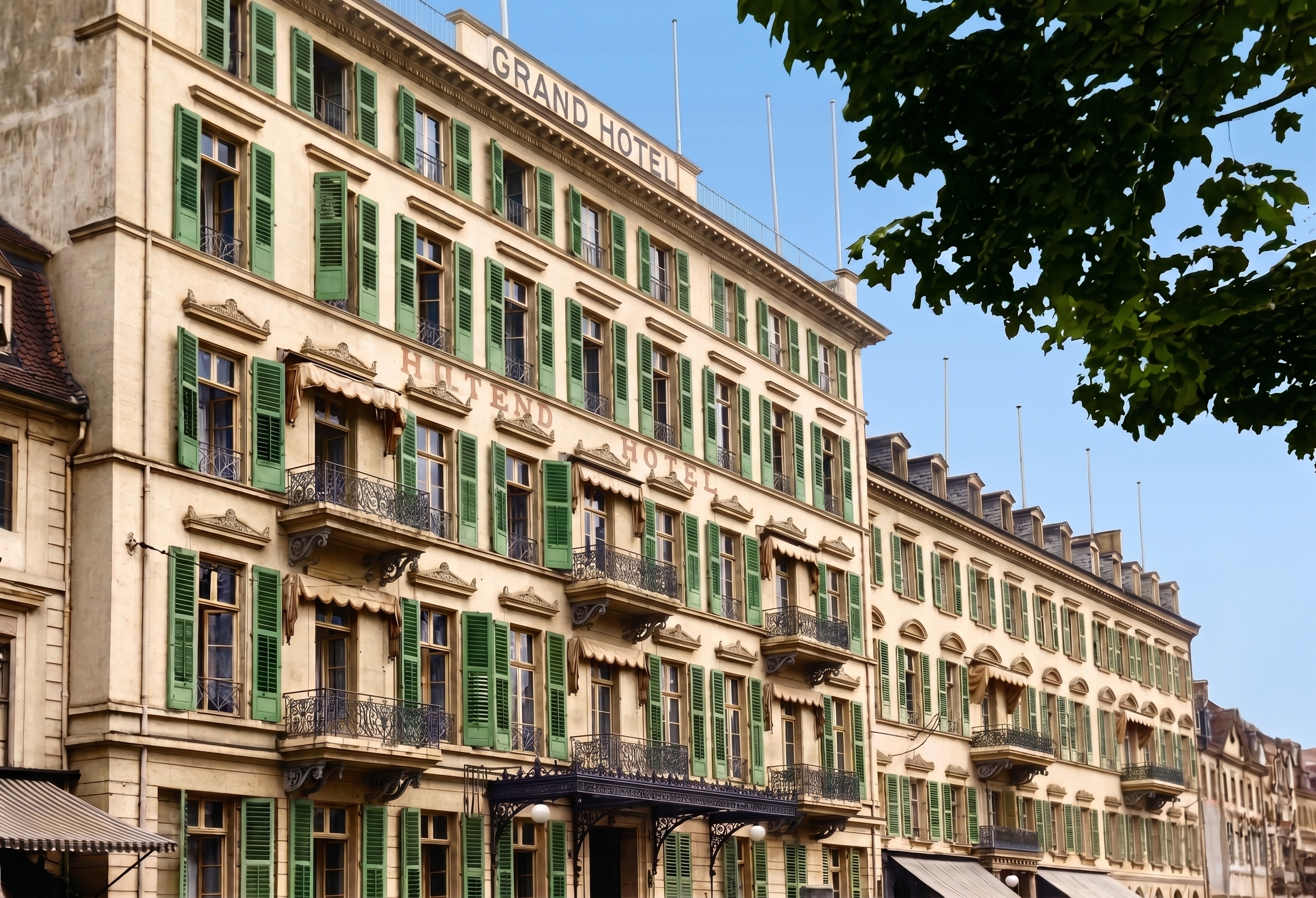 „Markenzeichen“ des Touristenzentrums Koblenz in der Kaiserzeit waren die grandiosen Hotels, die sich vor allem in der heutigen Rheinzollstraße konzentrierten. Die Illustration zeigt das Hotel Bellevue. KI-erzeugt mit Google Gemini nach historischen Vorlagen.