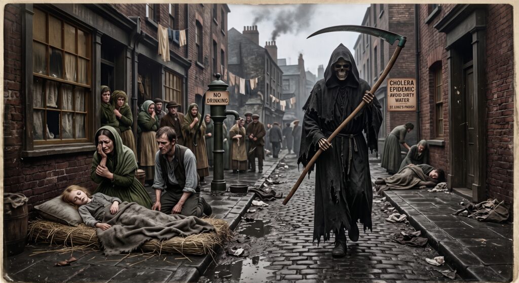Ganz Europa wurde im 19. Jahrhundert von mehreren Cholerawellen hart getroffen. Entsprechend drastisch sind die Druckgrafiken jener Zeit. Inspiriert von den historischen Vorlagen entstand dieses KI-generierte Symbolbild (Google Gemini).