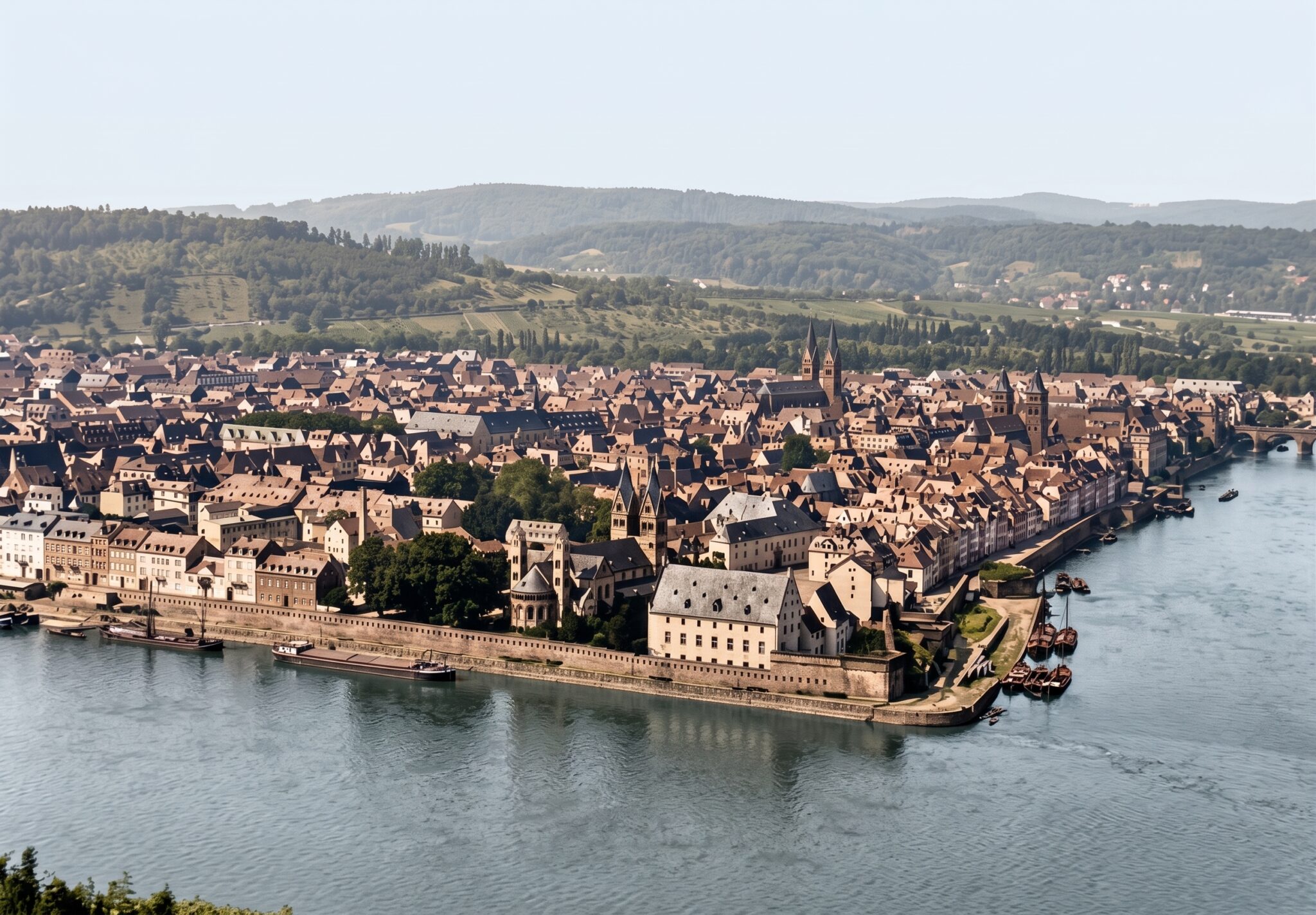 Das Areal der Deutschordenskommende Koblenz am Deutschen Eck vor dem Bau des Kaiser-Wilhelm-I.-Denkmals um 1875. KI-Optimierung mit Google Gemini. Unbekannter Fotograf. Quelle: Stadtarchiv Koblenz/Wikipedia CC BY-SA 3.0.