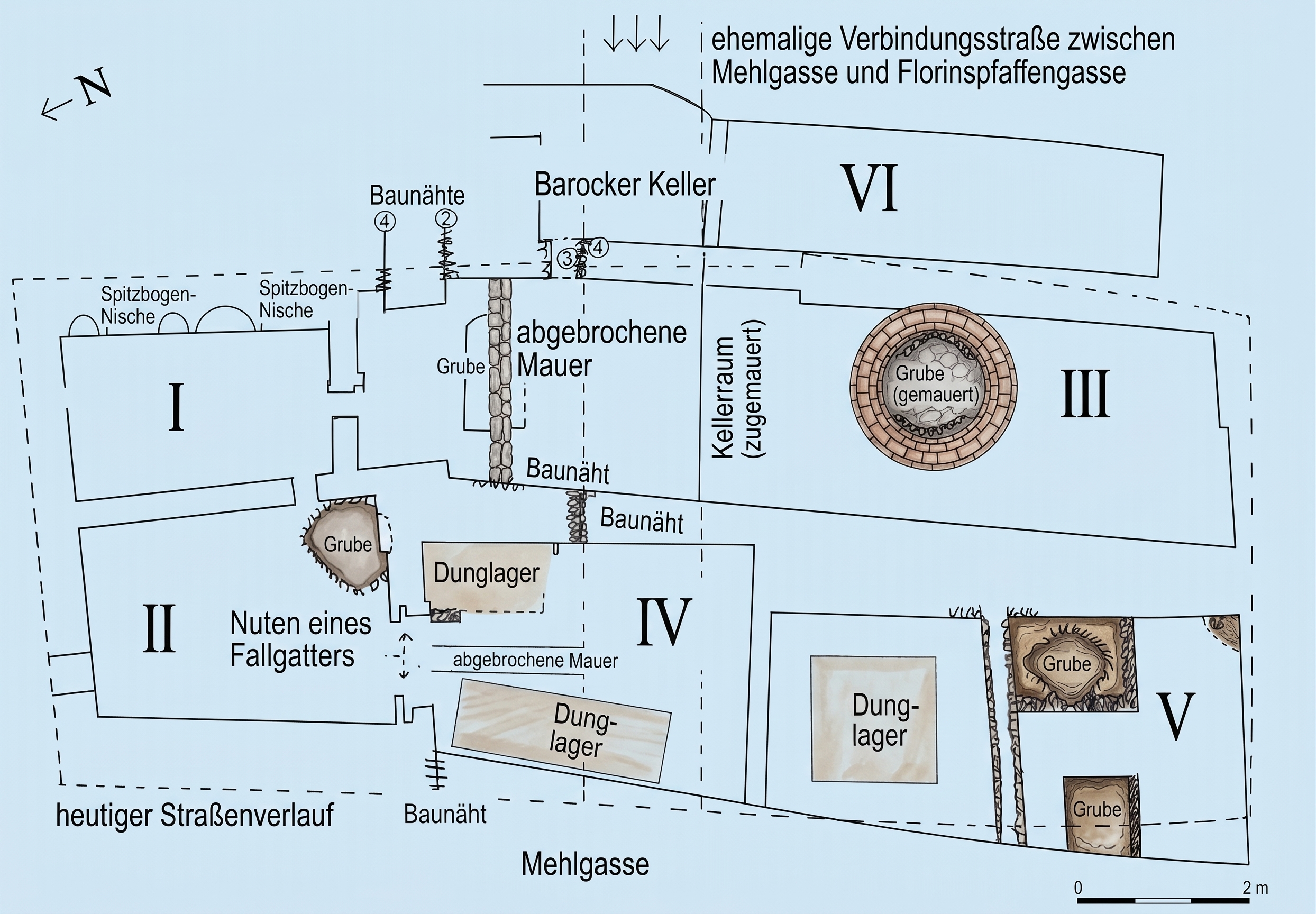 Florinsmarkt 14 und Mehlgasse 20-22: Skizze des mittelalterlich-frühneuzeitlichen Kellersystems. Ursprüngliche Zeichnung der Landesarchäologie zur besseren Darstellung im Internet mit Google Gemini KI-überarbeitet.