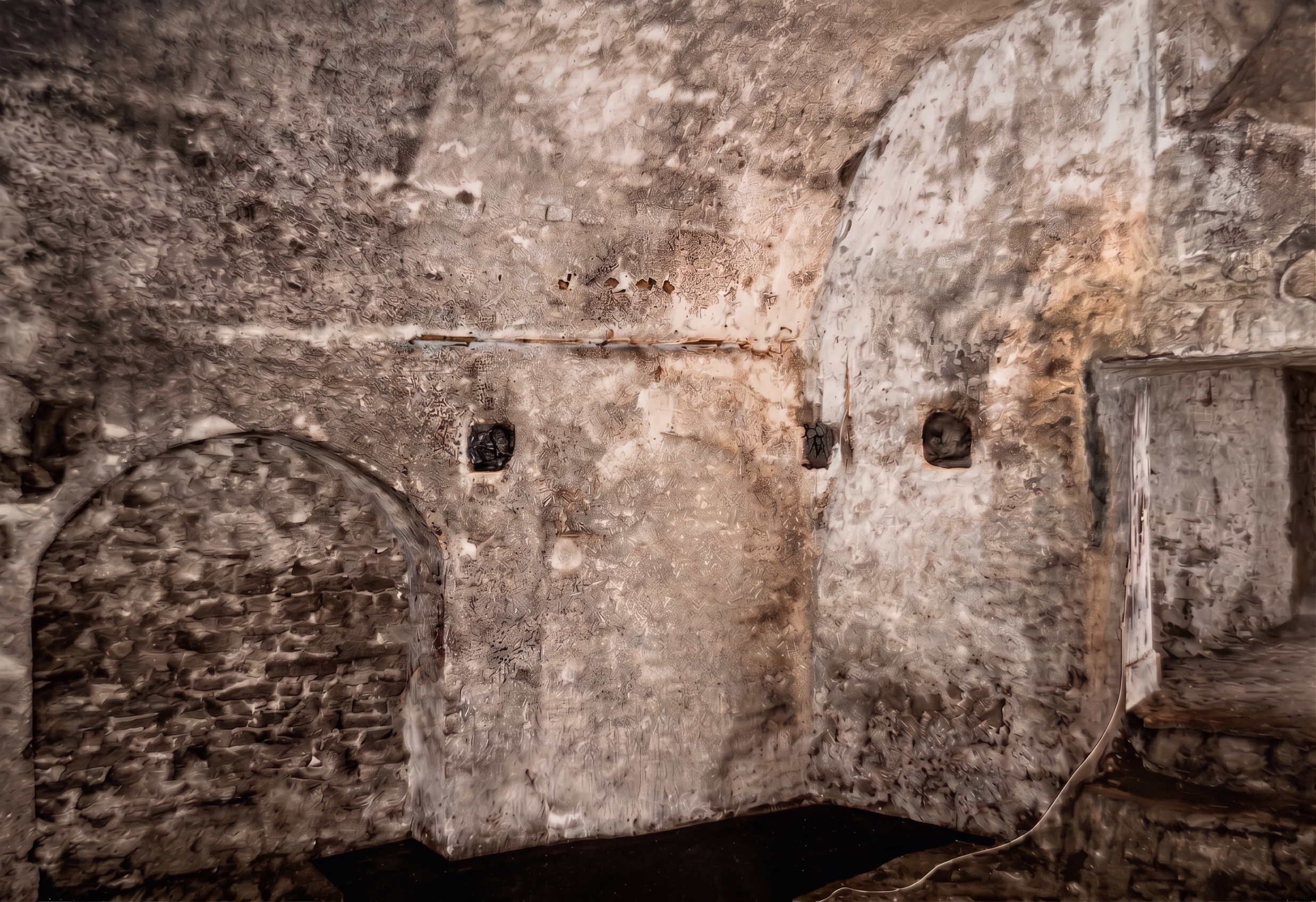 Blick in den Keller des Gebäudes Gemüsegasse 14 vor der Sanierung. Auch hier waren wegen der umfangreichen Veränderungen keine Detailuntersuchungen möglich. Das Foto von Herbert Gauls entstand im Rahmen der Bestandsaufnahmen des Jahres 1977 im Auftrag der Sanierungsstelle bei der Stadtverwaltung Koblenz. Der Scan aus der Printversion der Dissertation wurde mithilfe von KI (Google Gemini) optimiert.