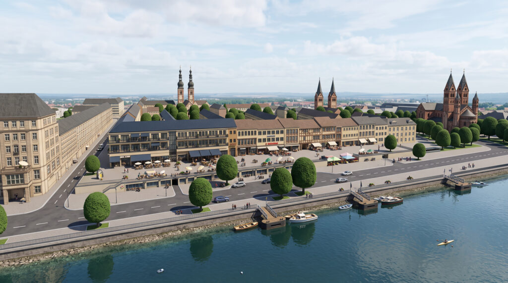 1957 machte der Stadtplaner Eberhard Berg mehrere Vorschläge für den Wiederaufbau von Koblenz. Dazu gehörte auch der autogerechte Umbau des Rheinufers. Hätte er sich durchgesetzt, würde die Rheinfront heute vielleicht so aussehen. KI-generierte Visualisierung mit Adobe Firefly auf Grundlage einer SW-Zeichnung.