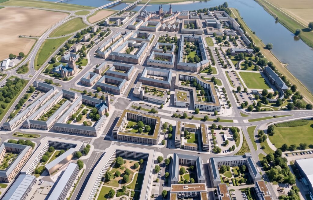 957 machte der Stadtplaner Eberhard Berg mehrere Vorschläge für den Wiederaufbau von Koblenz. Dazu gehörte auch der autogerechte Umbau des Rheinufers. Hätte er sich durchgesetzt, würde die Rheinfront heute vielleicht so aussehen. KI-generierte Visualisierung mit Adobe Firefly auf Grundlage einer SW-Zeichnung. Hinweis: Ganz oben rechts fehlt die Basilika St. Kastor. Sie konnte nicht dargestellt werden (auch Eberhard Berg hätte sie niemals abreißen lassen).