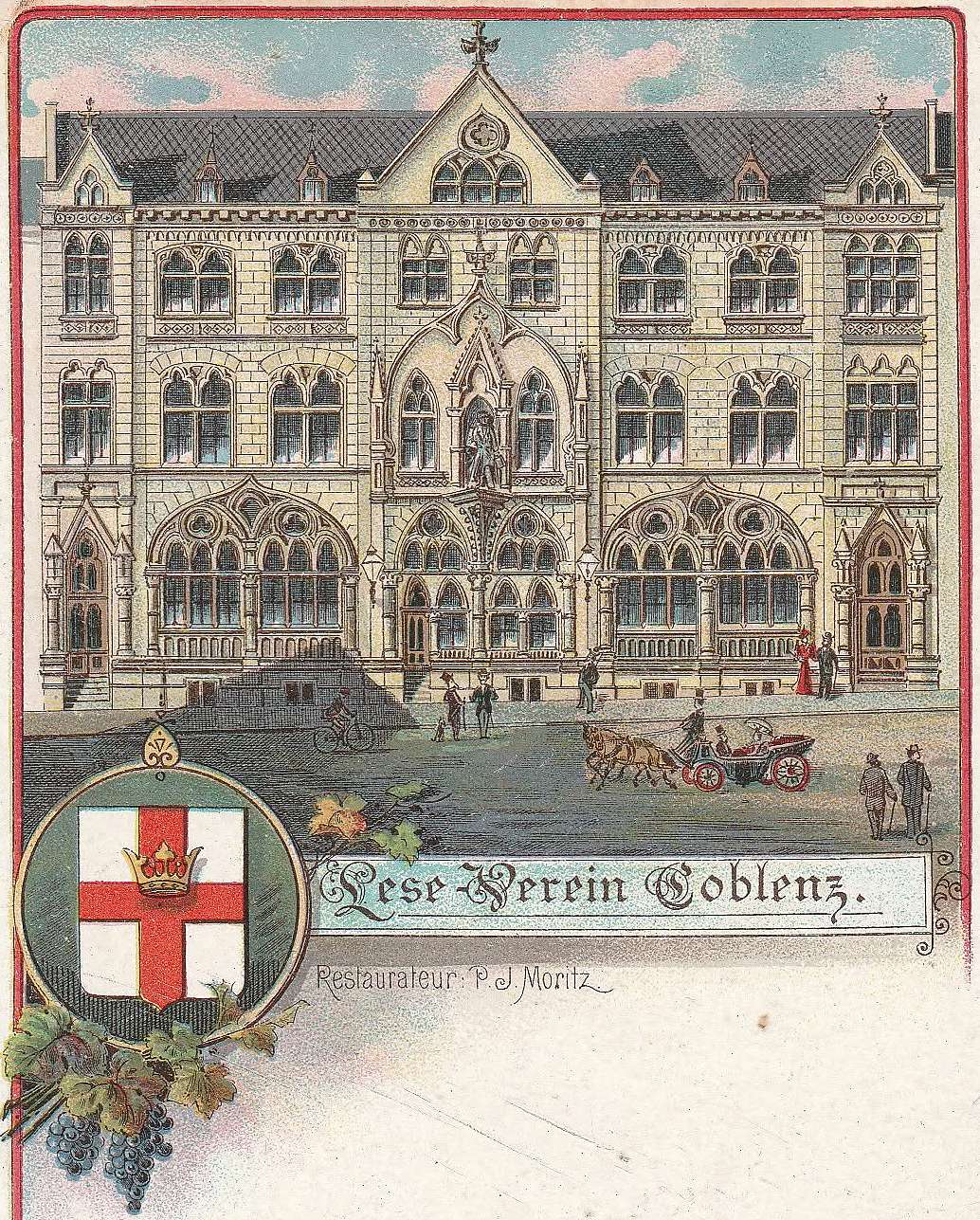 Der nach Plänen von Wilhelm Gaul im Auftrag des Katholischen Lesevereins errichtete neogotische Erweiterungsbau, der  1944 zerstört wurde. Postkartenmotiv  aus dem Archiv von Joachim Bernard (Koblenz).