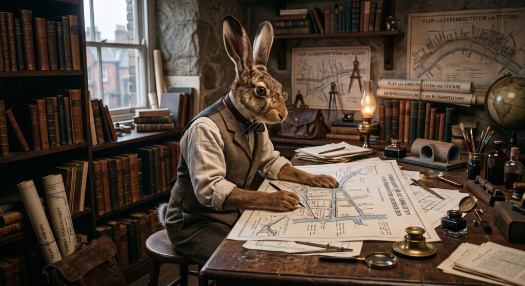 Hase Josef, Spezialist für Tief- und Ingenieurbau, tüftelt an Plänen für die Realisierung einer Kanalisation auf der rechten Rheinseite.