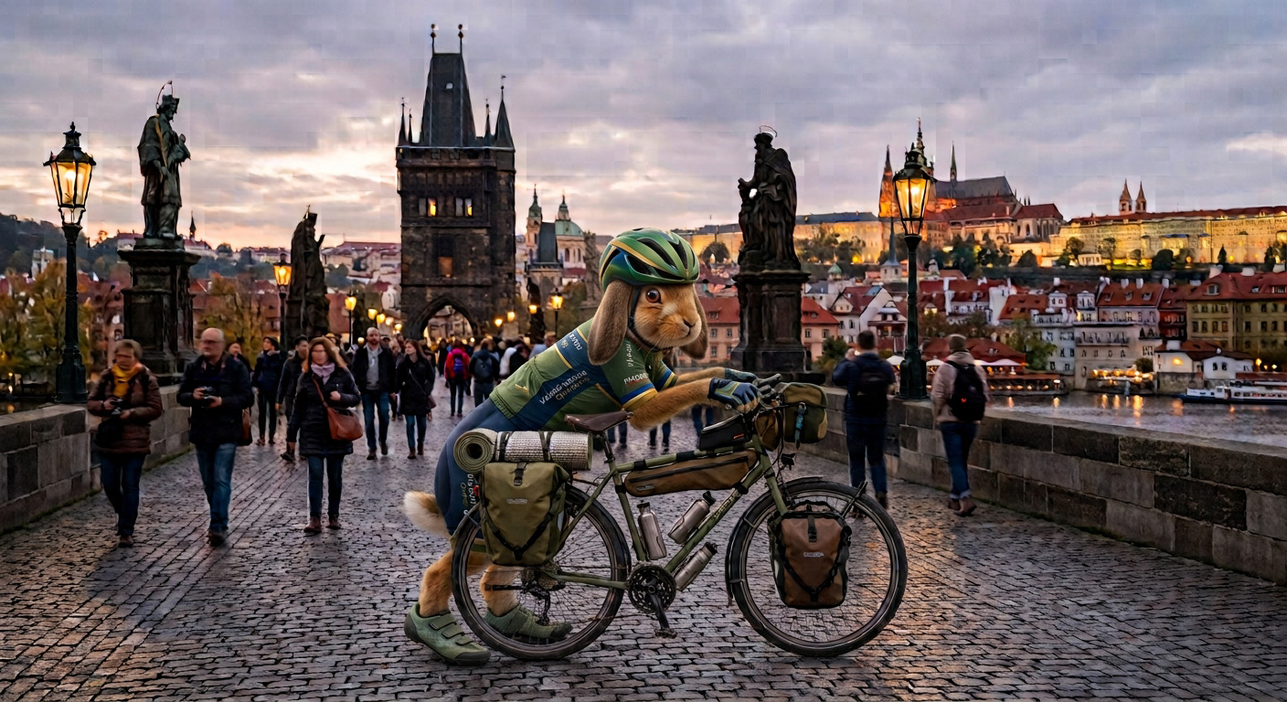 Radelhase Jan leicht erschöpft auf der Karlsbrücke in Prag. KI-Generiert mit Google Gemini.