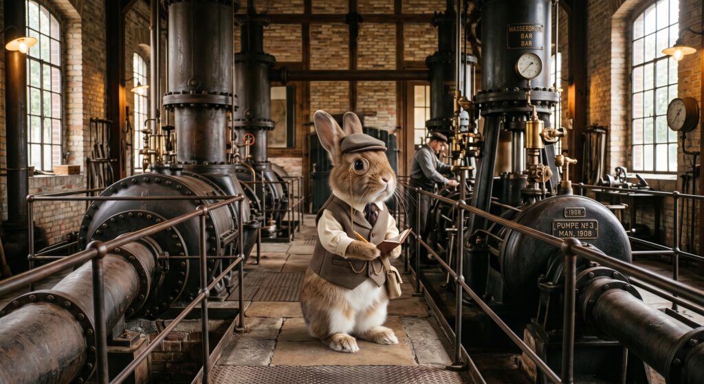 Wasserwerks-Hase Johannes inspiziert ein Wasserwerk des frühen 20. Jahrhunderts.