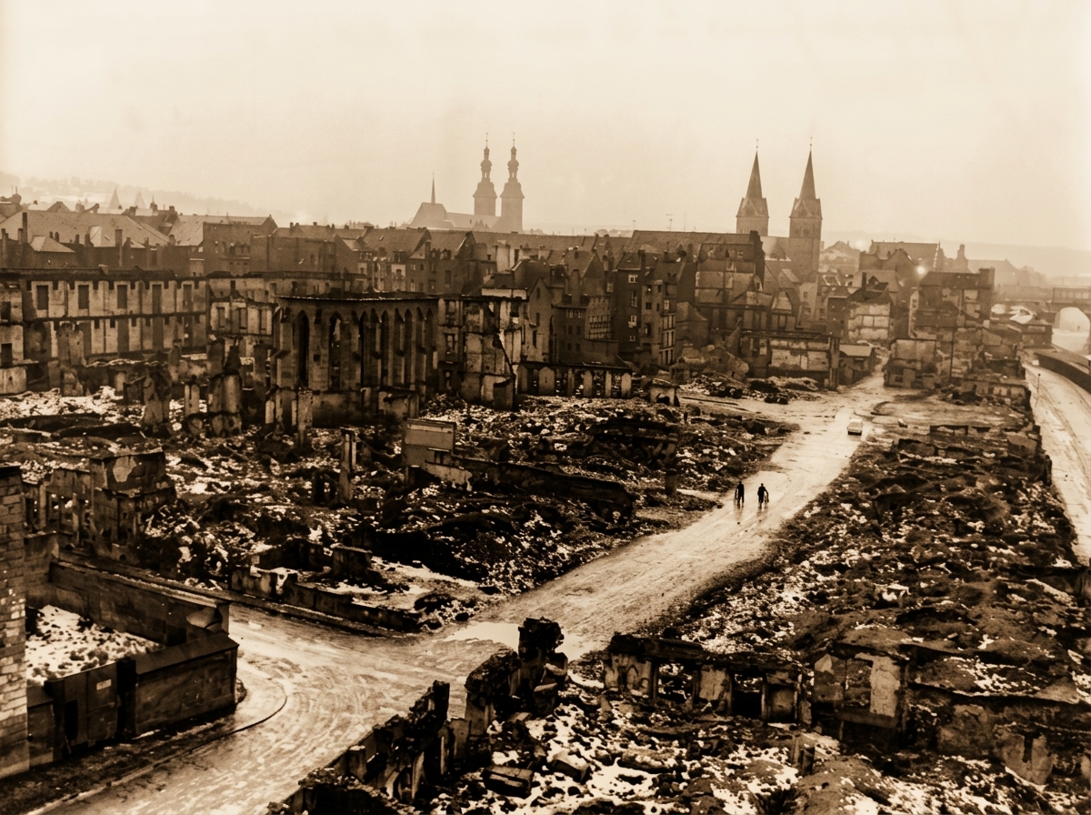 Das zerstörte Kastorviertel mit den Resten des Bürgerhospitals im März 1956.