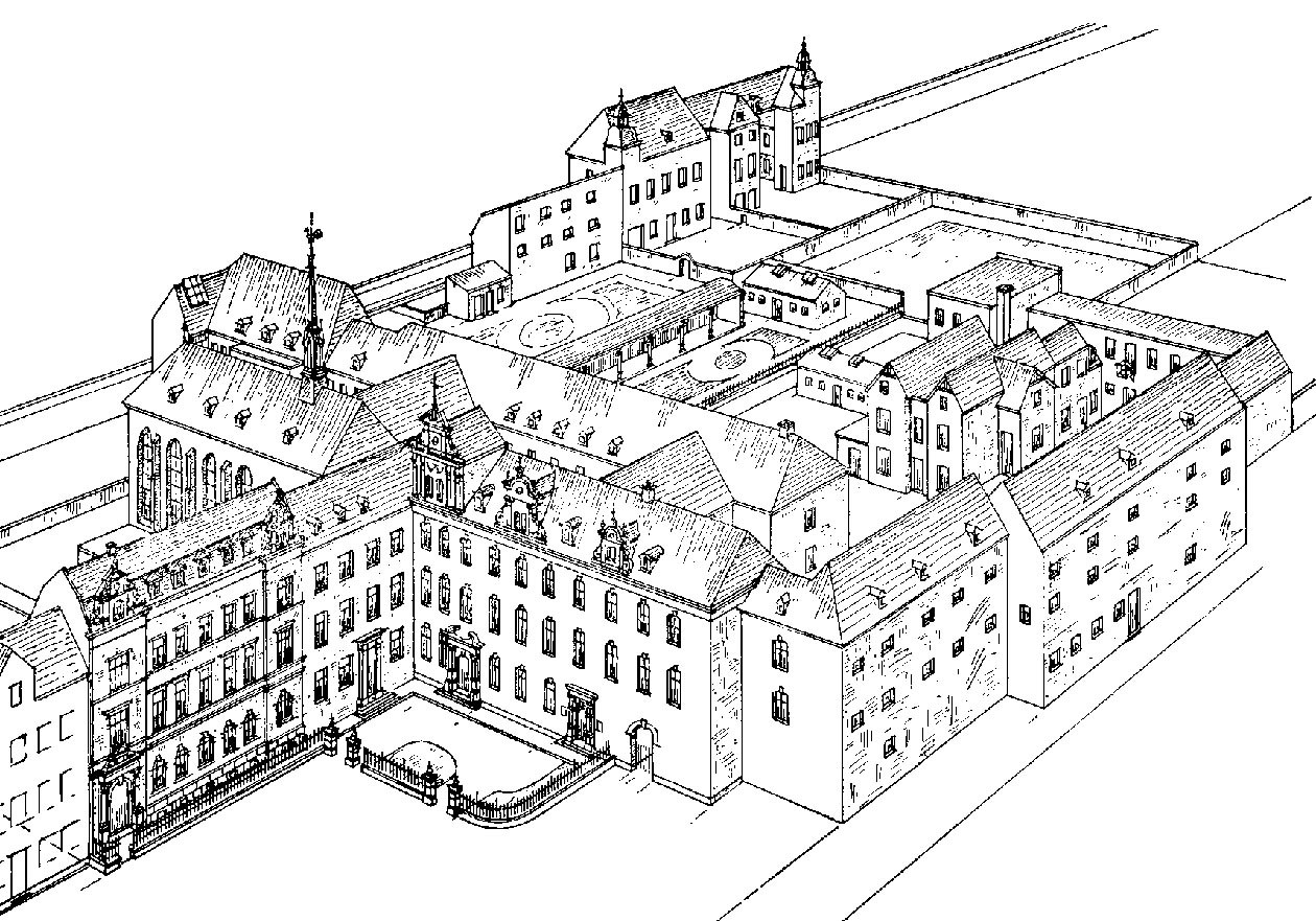 Das Koblenzer Bürgerhospital im Jubiläumsjahr 1905. Isometrische Darstellung der Gesamtanlage im Kastorviertel in der Festschrift von Josef Mündnich. Gut erkennbar sind die verschiedenen Ausbaustufen, die sich an den Klosterkern anschlossen.