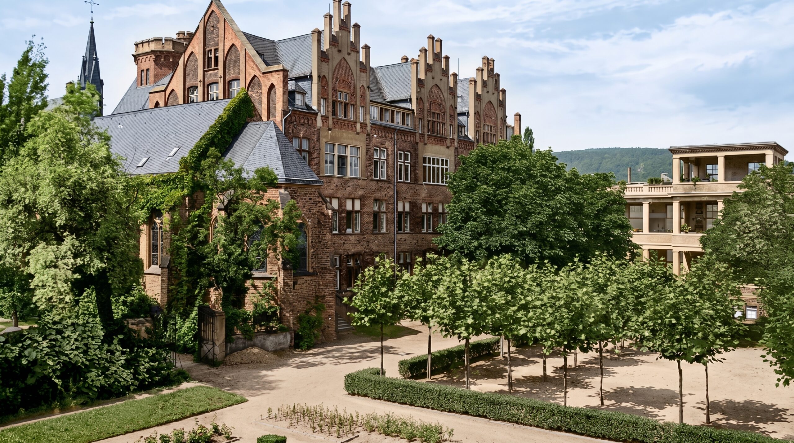 Das Foto zeigt den Mitte des 19. Jahrhunderts nach Plänen des Architekten Osterhaus errichteten Westflügel des Kemperhofs – rechts die 1923 in Betrieb genommene neue Liegehalle. KI-optimierte und KI-kolorierte Version des Originals aus dem Archiv des ehemaligen städtischen Klinikums (heute Standort des Gemeinschaftsklinikums Mittelrhein).