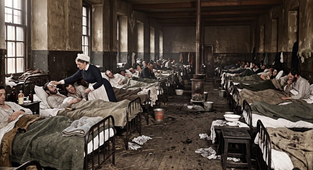 Typisch für viele europäische Hospitäler im 19. Jahrhundert waren überbelegte Krankensäle. Dieses mit Google Gemini erzeugte KI-erzeugte Symbolbild mag übertrieben wirken, doch sprechen die zeitgenössischen Quellen und die Fachliteratur eine eindeutige Sprache.