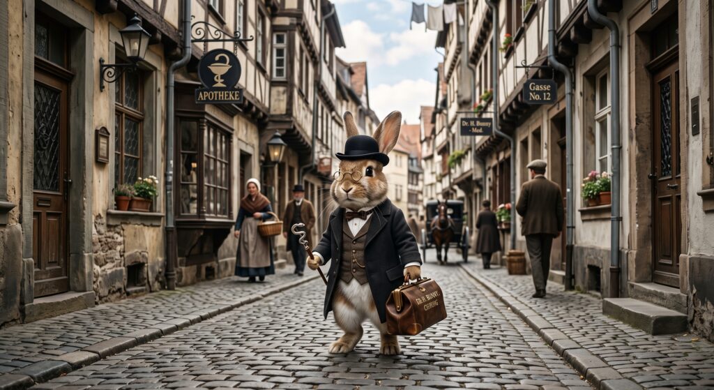 Amtshase Damian inspiziert ein klassisches Altstadtquartier.