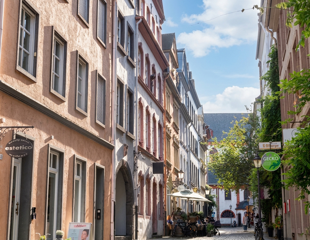 Blick in die Mehlgasse (östliche Seite) mit den Häusern Nr. 18, 16, 14, 12, 10 und 8.