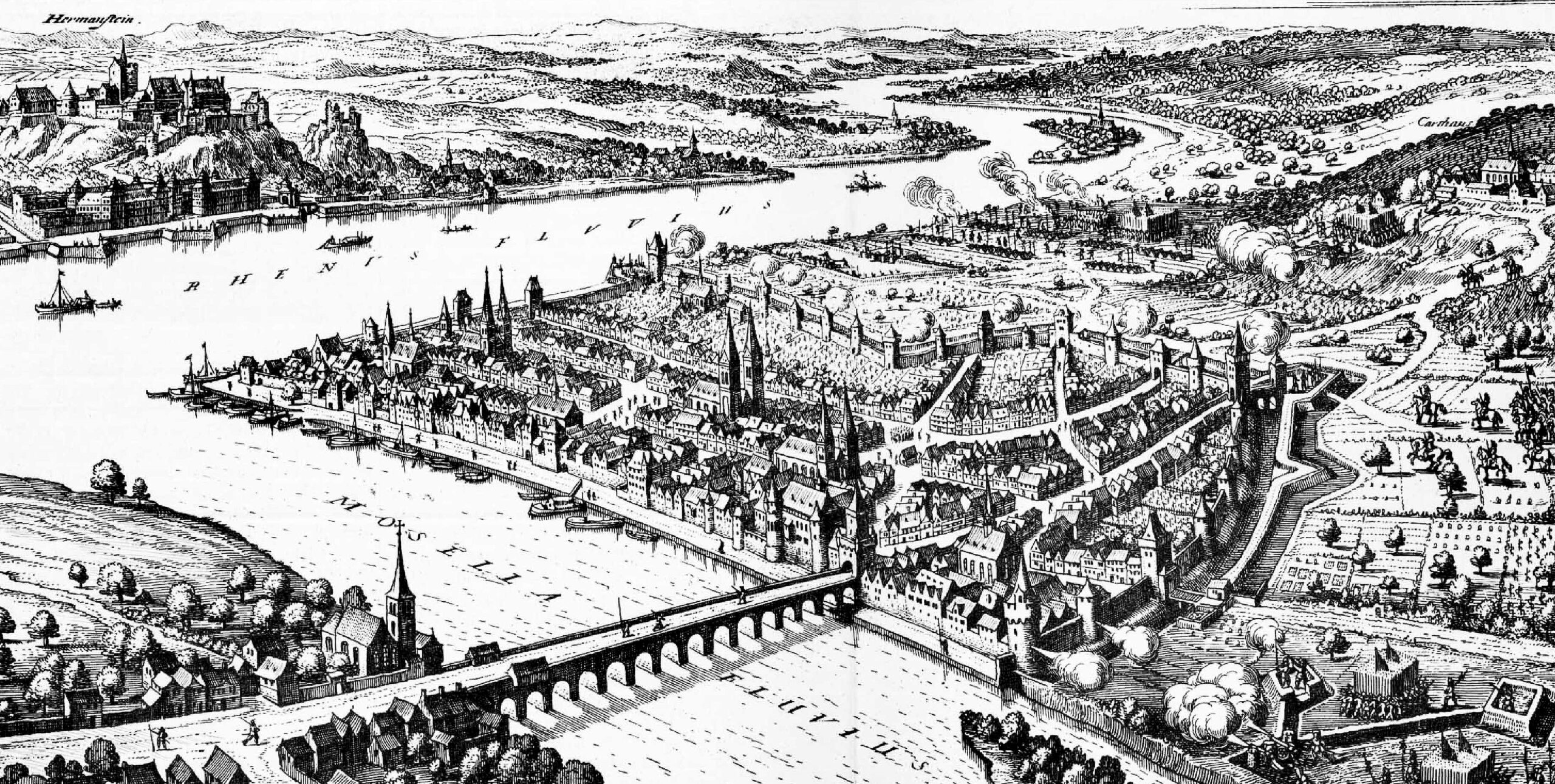 Der Kupferstich aus Matthäus Merians (der Ältere) „Topographia Germaniae“. Gezeigt wird Koblenz während der Beschießung durch schwedische Truppen im Sommer 1632. Die Illustration wird immer wieder gern genannt, wenn es um das Stadtbild im hohen Mittelalter geht. Doch genauere Untersuchungen zeigen: Abgesehen von der Darstellung der Stadtmauer stimmt in der Darstellung wenig.