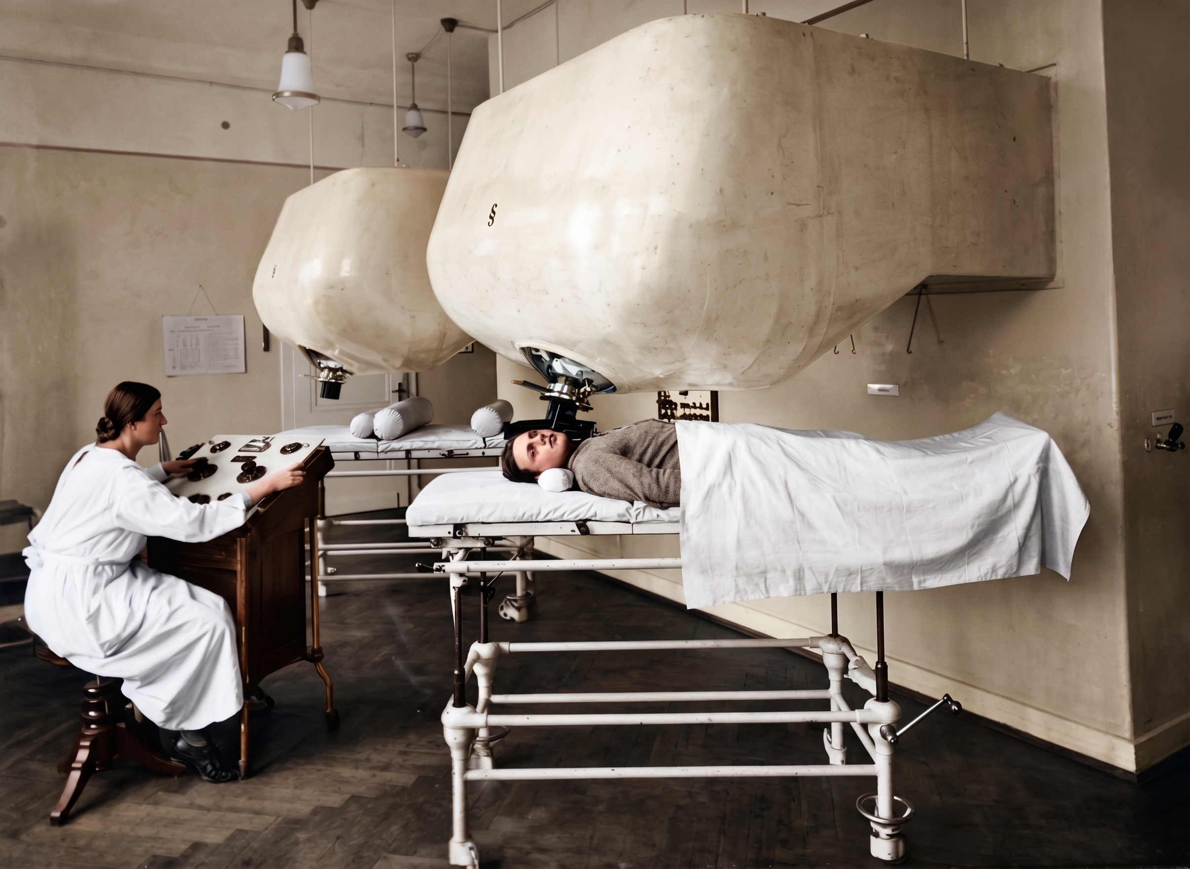 Röntgen im Kemperhof in den 1920er-Jahren. Mit den heutigen Sicherheitsstandards hatte das Ganze nichts zu tun. Das Foto stammte ursprünglich aus dem Archiv des städtischen Klinikums. Es wurde KI-optimiert und KI-koloriert.