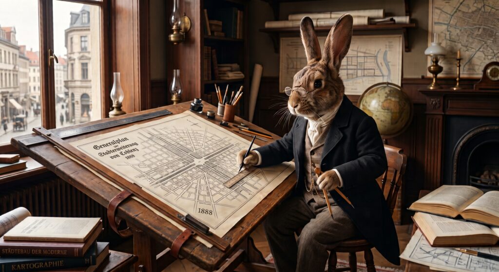 Stadtplanungs-Hase Thomas tüftelt an einem Stadterweiterungsplan. Frustrierend für ihn ist, dass keiner seiner Pläne jemals vollständig umgesetzt wurde. KI-Illustration, erzeugt mit Google Gemini.