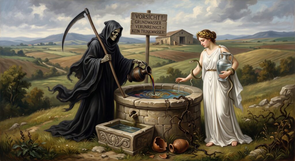 Die Qualität des in der Regel bis ins frühe 20. Jahrhundert hinein über Ziehbrunnen gewonnenen Trinkwassers hat auch die hygienegeschichtliche Forschung befeuert. Das KI-erzeugte Symbolbild (Google Gemini) zeigt den Tod und Hygieia, die griechische Göttin der Gesundheit.