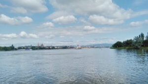 Mainspitze, im Hintergrund die Mainz Altstadtsilhouette.